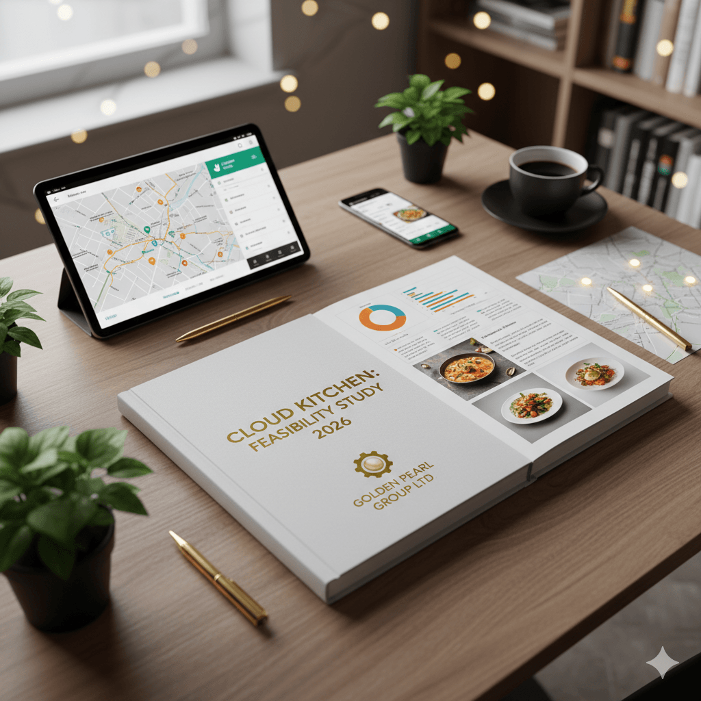 Professional business plan book for Cloud Kitchen and Ghost Kitchen investment on a wooden desk